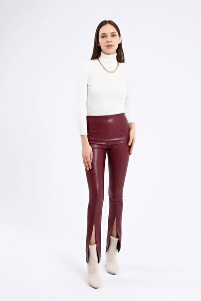 Grenj Fashion Bordo Önü Yırtmaçlı Çıma Dikişli Kalın Şardonlu Yüksek Bel Deri...