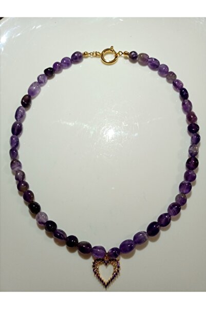 Mudita Tasarım Mor Taşlı Zirkon Kaplama Kalp Detaylı Orijinal Tımbıl Ametist ...