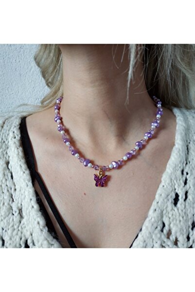Fata Morgana Accessory Kelebek Uçlu Kristal Boncuklu Mor Barok Inci Kolye