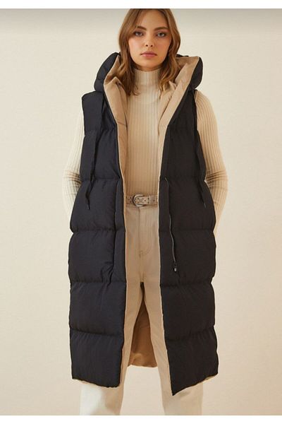 ECRİN MODA Women's Double-Sided Long Hooded Sleeveless Puffer Vest