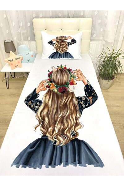 EVPANYA Lacivert Taçlı Kız Desenli Yatak Örtüsü Ve Yastık