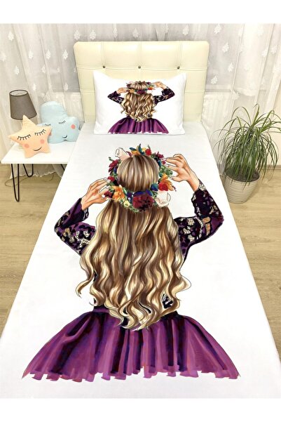 EVPANYA Mor Taçlı Kız Desenli Yatak Örtüsü Ve Yastık