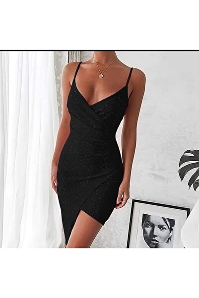 Secret Passion Lingerie Siyah Simli Esnek Kumaş Kruvaze Yaka Asimetrik Kesim ...