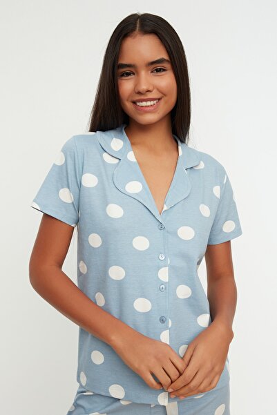 Trendyol Collection Modré puntíkované 100% bavlněné tričko a šortky na spaní – THMSS20PT0077