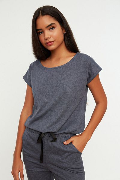 Trendyol Collection 100% CoTTon Navy Blue T-shirt and Trousers Pajamas SeT - THMSS20PT0068 wiTh Tie DeTail