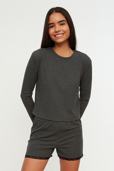 Trendyol Collection Anthracite Lace Detailed Knitted Pajamas Set THMAW21PT0197