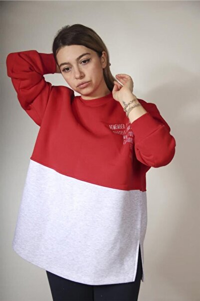 Ava Renk Bloklu Nakış Detaylı Kırmızı-gri Oversize Şardonlu Örme Sweatshirt