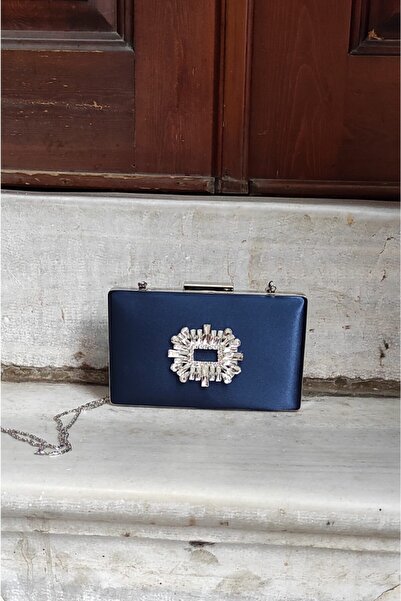 LA CALZATURE Βραδινό φόρεμα Navy Blue Satin Stone Αξεσουάρ Λεπτό μοντέλο γυνα...