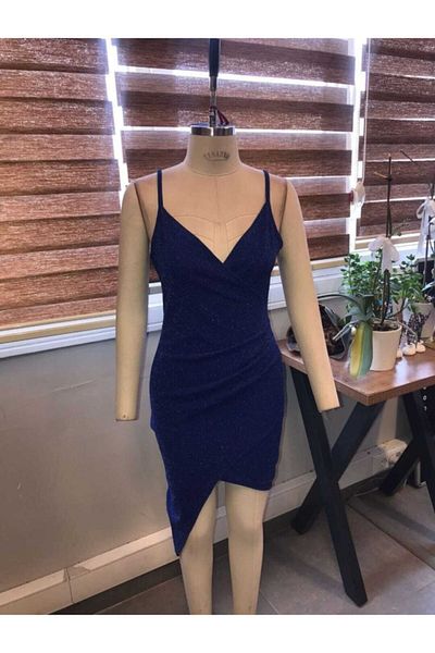 Secret Passion Lingerie Μπλε Lurex ελαστικό ύφασμα με διπλό στήθος λαιμόκοψη ασύμμετρο κομμένο λουράκι Μίνι βραδινό φόρεμα 581047   668