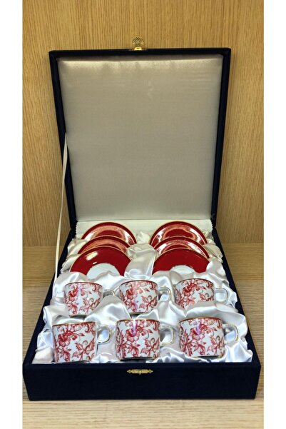 Güral Porselen Altın Yaldızlı El Dekoru 6 Kişilik Türk Kahve Fincan Takımı