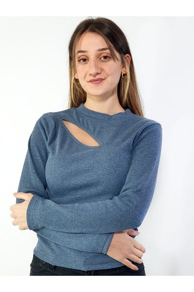 MERİCEY Γυναικεία μπλε κομμένη λεπτομερής πλεκτή μπλούζα με ραβδώσεις