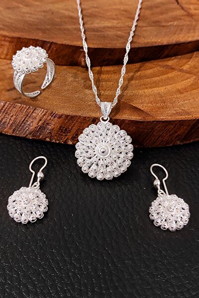 Aykat Kadın Bereket Modeli El Işi Telkari Gümüş Takım Yüzük Küpe Kolye Ucu Se...