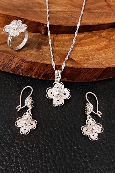 Aykat Yonca Modeli El Yapımı Telkari Gümüş Set Takım Yüzük Küpe Kolye Set-314