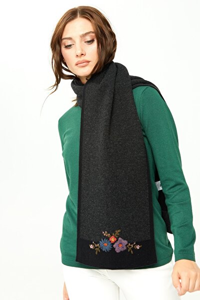 Desen Triko Kadın Nakış Işlemeli Saf Yün Kaşkol 02421155 Siyah