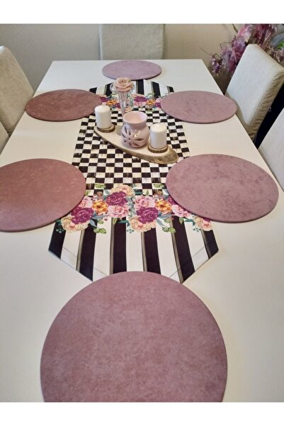 Ayşemce طقم مفارش أطباق مكون من 6 أطباق باللون الوردي، مربعات (نمط زهور مقلم رأسيًا من ماكنزي).