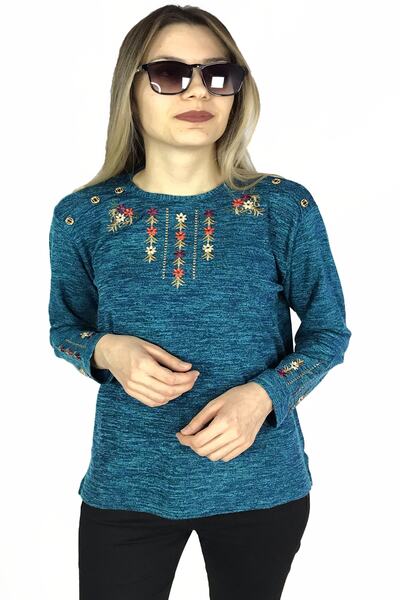 Dinçerler tekstil Kadın Yuvarlak Yaka Yakası Nakışlı Omuzu Düğmeli Triko Kışlık Anne Bluz