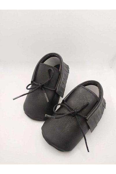 MİNİBİRİ Black Nubuck Leather Unisex Baby Moccasin Booties Baby Shoes