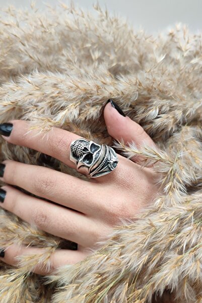 s4s Gümüş Kaplama Erkek Kurukafa Amerikan Polis Yüzük Eskitme Antik Gümüş Kap...