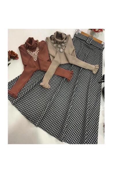 Modaytesettür Kışlık Kemerli Ekose Uzun Etek