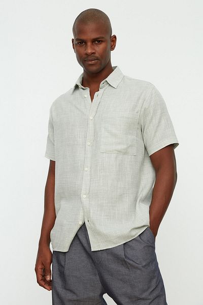 Trendyol Collection Khaki Linen Straw Texture - Shirt Collar Single Pocket Short Sleeve Shirt TMNSS22GO0043