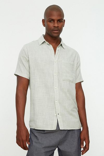 Trendyol Collection Khaki Linen Straw Texture - Shirt Collar Single Pocket Short Sleeve Shirt TMNSS22GO0043
