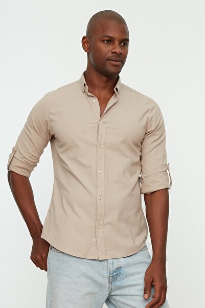 Trendyol Collection Beige Slim Fit Shirt - Buttoned Collar, Epaulettes, TMNSS22GO0090