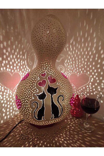 Alpha Tasarım Atölyesi Kalpli Aşık Kediler Desenli Su Kabağı Lamba