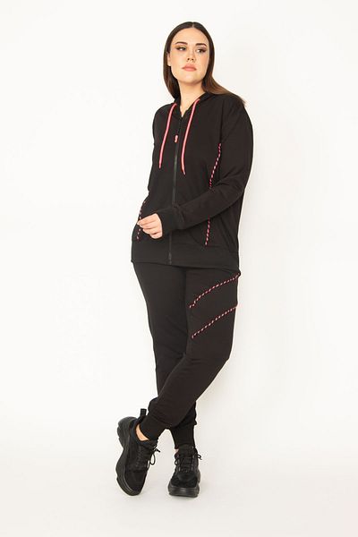 Şans Women's Large Size Colorful Zipper and Hood Detailed Sweatshirt Trousers Tracksuit 65n31122