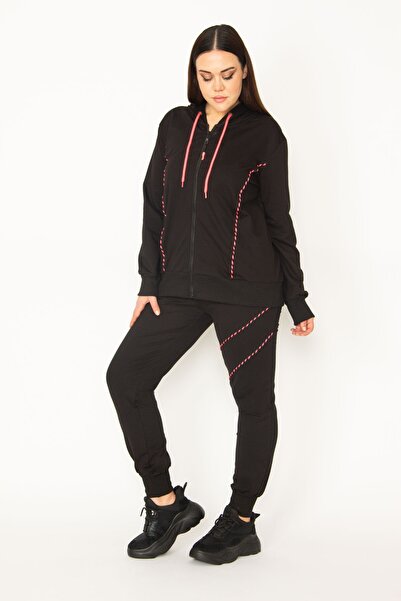 Şans Women's Large Size Colorful Zipper and Hood Detailed Sweatshirt Trousers Tracksuit 65n31122