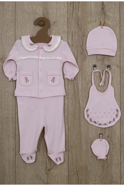 Bebbemini Baby Girl Hospital Release Newborn Luxury Rose Embroidered 100% Cotton Bodysuit Set 5 Pieces