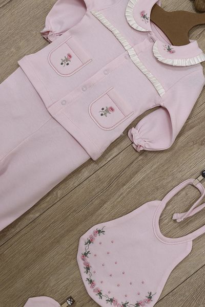 Bebbemini Baby Girl Hospital Release Newborn Luxury Rose Embroidered 100% Cotton Bodysuit Set 5 Pieces