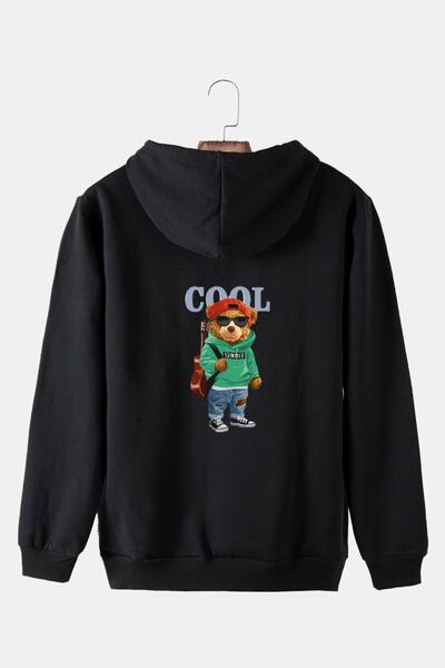COLLIE Hanorac negru unisex cu glugă, cu ursuleț cool imprimat pe spate, buzu...