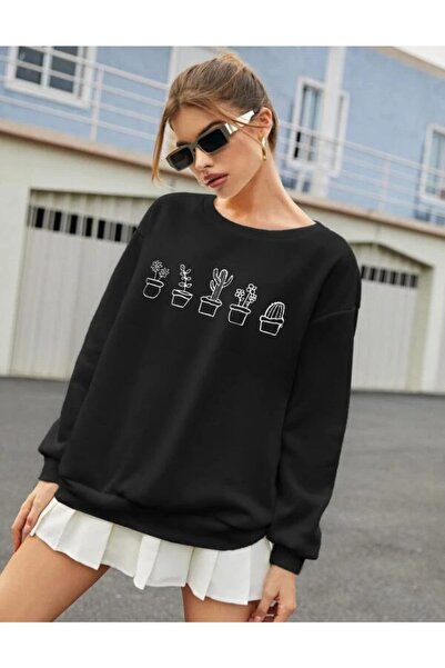 Deocept سترة نسائية سوداء كبيرة الحجم مطبوعة بطبعة الصبار