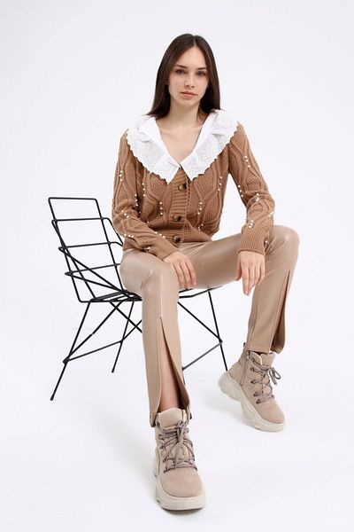 Grenj Fashion Μπεζ μπροστινό σκίσιμο, ραμμένο με γρασίδι, χοντρό ψηλόμεσο δερμάτινο κολάν