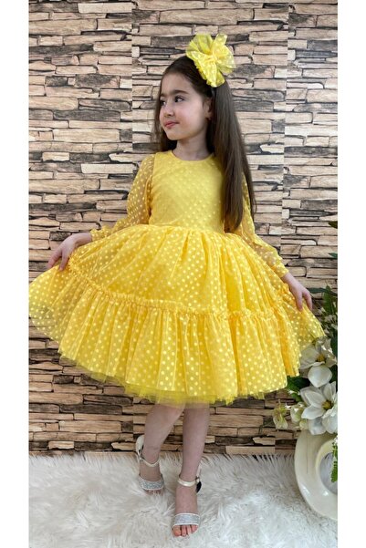 MARMARA FIRSAT Kız Çocuk Dantelli Sarı Renk Katkat Prenses Elbise