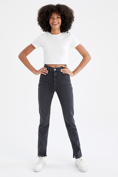 DeFacto Slim Split Fit High Waist Slit Detailed Jean Trousers