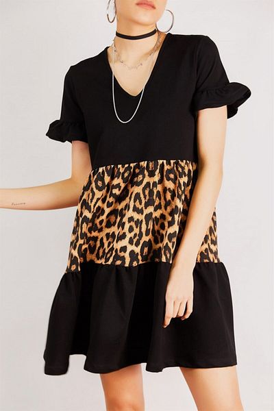 AQE FASHION Rochie neagră de damă, bloc leopard, cu fustă și mâneci strânse