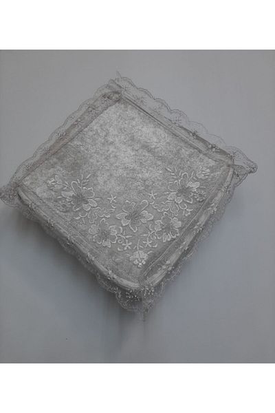 Çalışkan Çeyiz Evi Velvet Fabric Sponge Multi-Purpose Bag French Guipure Lace Dowry Bag Gray 48X48X20Cm