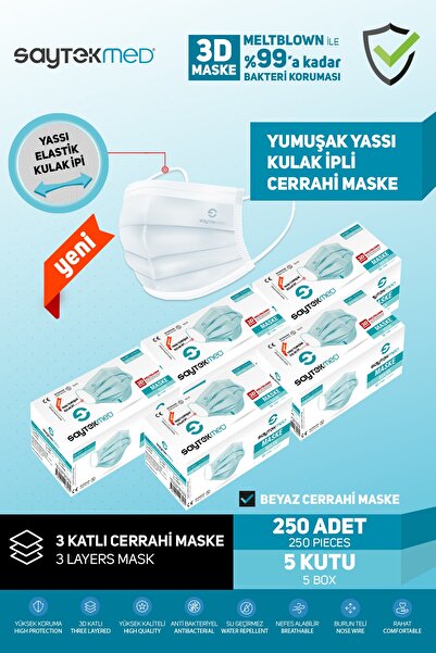 SAYTEKMED Meltblown Filtreli, 3 Katlı Yassı Ipli, Beyaz Cerrahi Maske (5 KUTU/250 ADET)