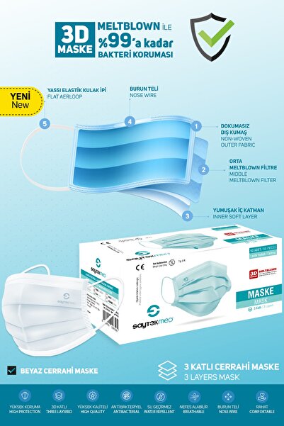 SAYTEKMED Meltblown Filtreli, 3 Katlı Yassı Ipli, Beyaz Cerrahi Maske (5 KUTU/250 ADET)