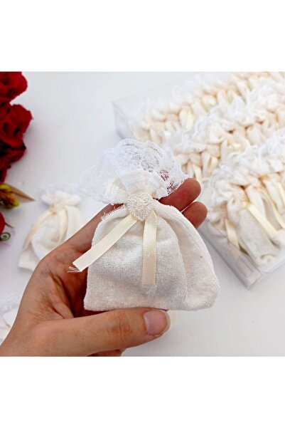 Gelincimherşey 50'li Krem Kadife Dantelli Inci Süslemeli Kese Hediyelik Kına
