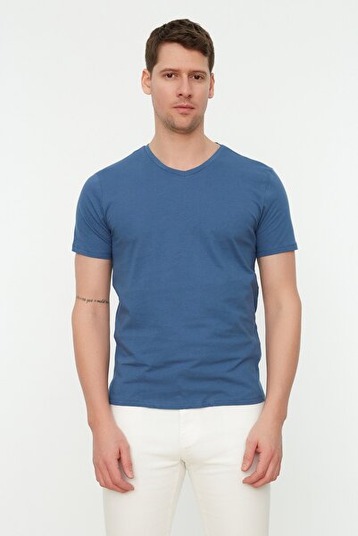 Trendyol Collection Tricou Indigo Basic Slim/Îngust, 100% bumbac, cu decolteu...