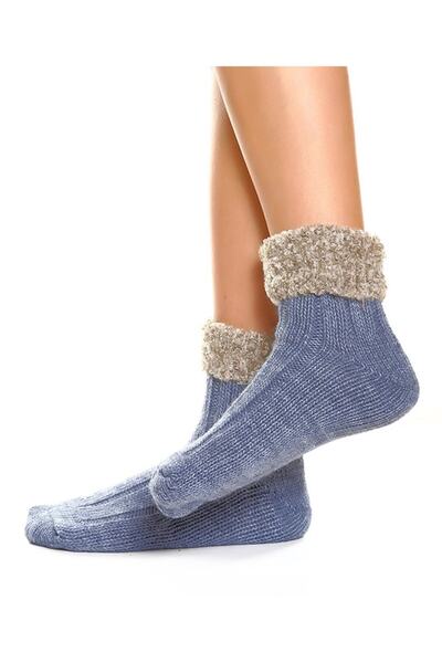 UNLIMITED LEGWEAR Kalın Kışlık Bileği Pofuduk Mavi Kadın Bot Çorap