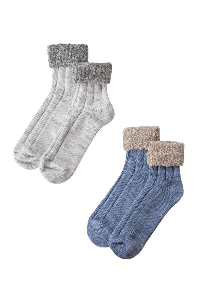 UNLIMITED LEGWEAR 2li Gri/mavi Kalın Kışlık Bileği Pofuduk Kadın Bot Çorap