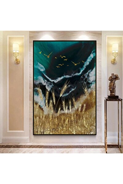 Markazip Siyah Metal Çerçeveli Altın Başak Soyut Kanvas Tablo 70x100cm Kod: Cs3112-s