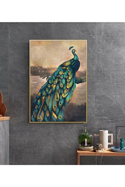 Markazip Altın Metal Çerçeveli Yeşil Tavus Kuşu Kanvas Tablo 70x100cm Kod: K6...