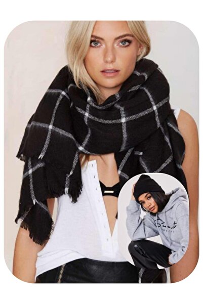 sema aksesuar Scarf and Beret Set Black - Valentine's Day Gift - Striped Shawl