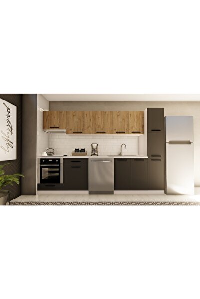 visasconcept 300 Cm Ceylan Hazır Mutfak Dolabı Aspiratör, Ankastre Ve Kiler Modüllü Atlantik Çam Ve Antrasit