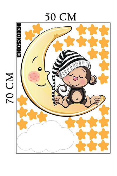 Tilki Dünyası Sleeping Monkey, Star, Cloud Kids Room Deco Wall Sticker