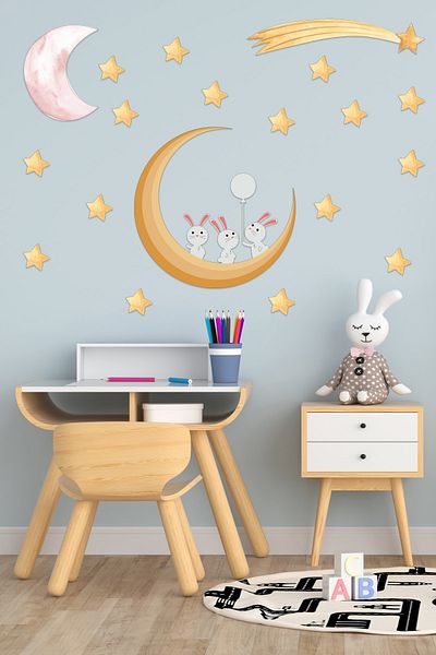 Tilki Dünyası Cute Rabbits, Stars Deco Kids Room Sticker